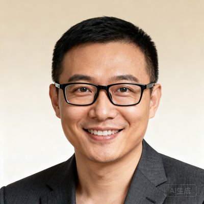 CEO李远，戴眼镜，深色西装，微笑自信
